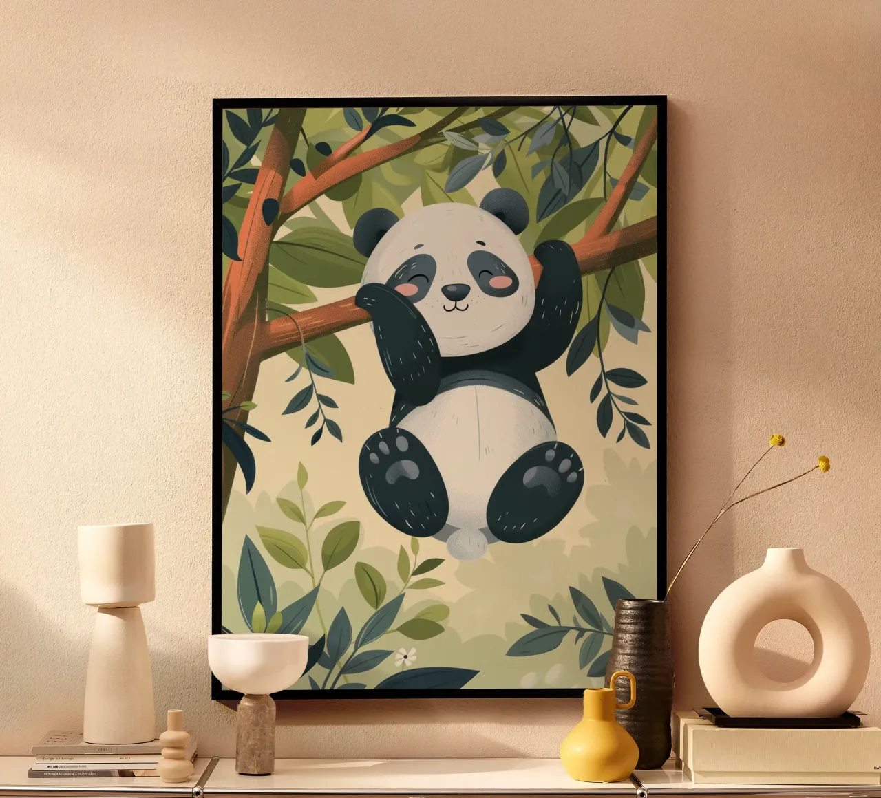 Tenero cucciolo di panda appeso a un ramo d'albero in un ambiente verde e rigoglioso carta hahnemühle da DesignDoodle