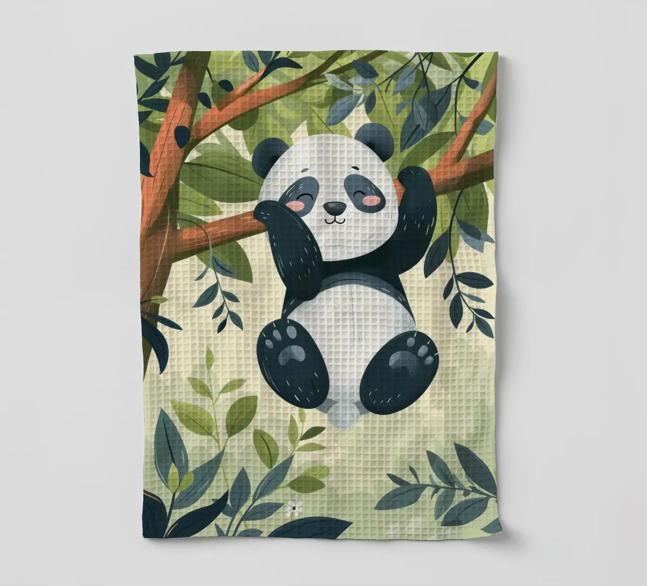 Tenero cucciolo di panda appeso a un ramo d'albero in un ambiente verde e rigoglioso canovaccio da cucina da DesignDoodle