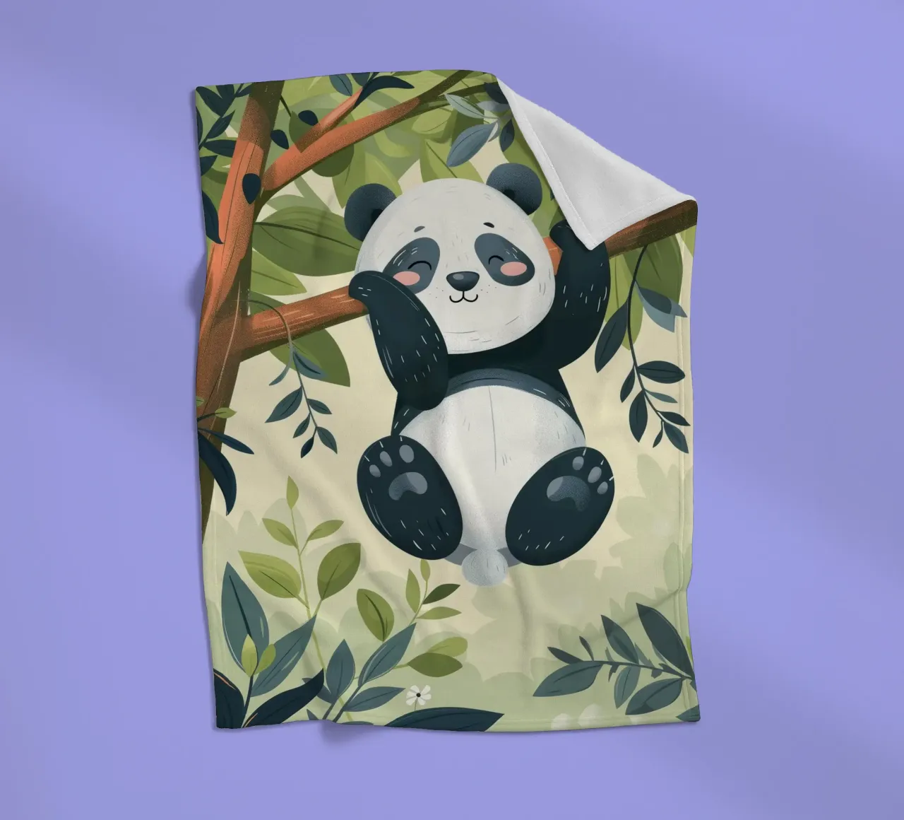 Tenero cucciolo di panda appeso a un ramo d'albero in un ambiente verde e rigoglioso coperta in pile da DesignDoodle
