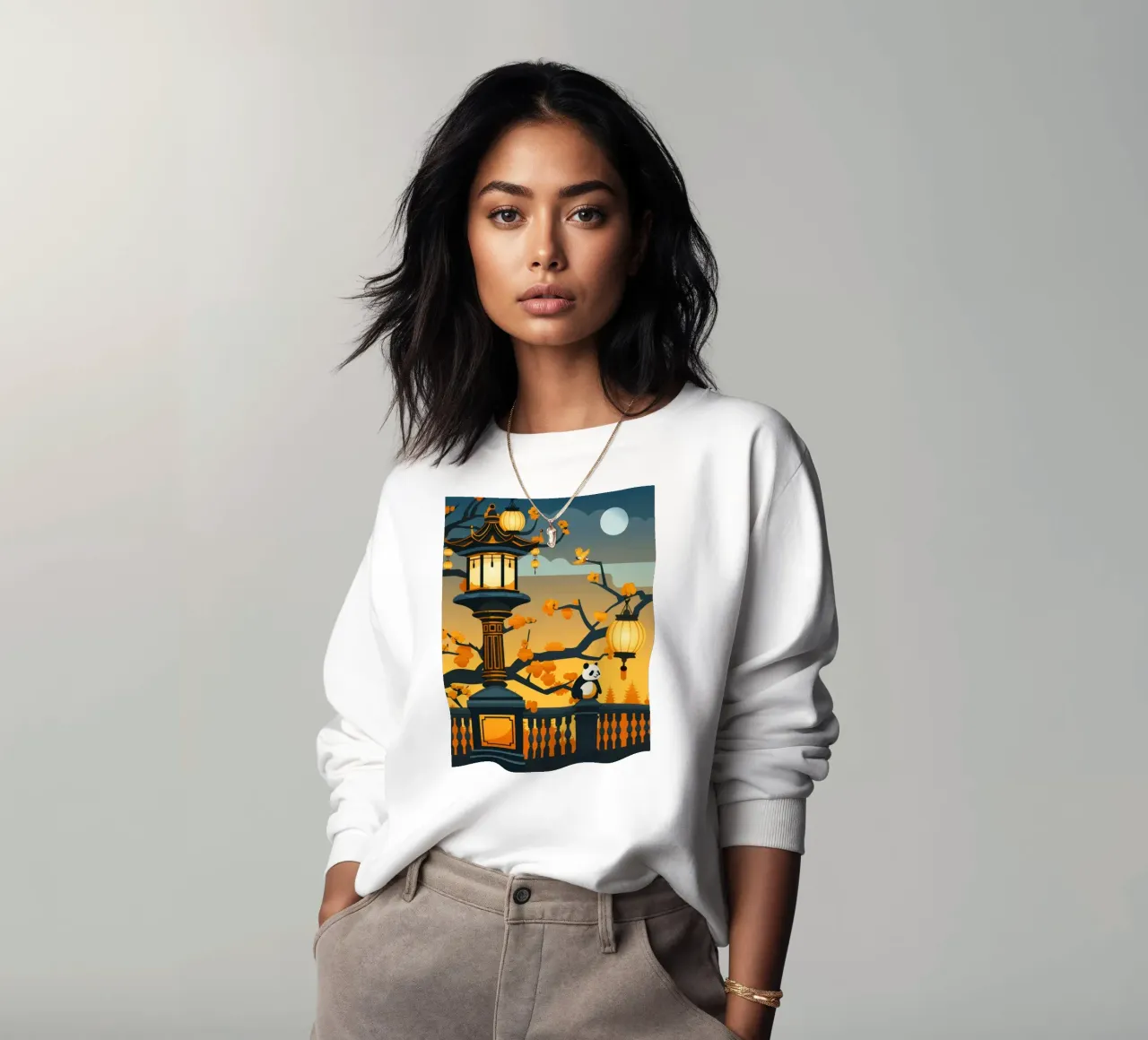 Panda resting beneath lanterns in a tranquil autumn landscap sweatshirt by DesignDoodle