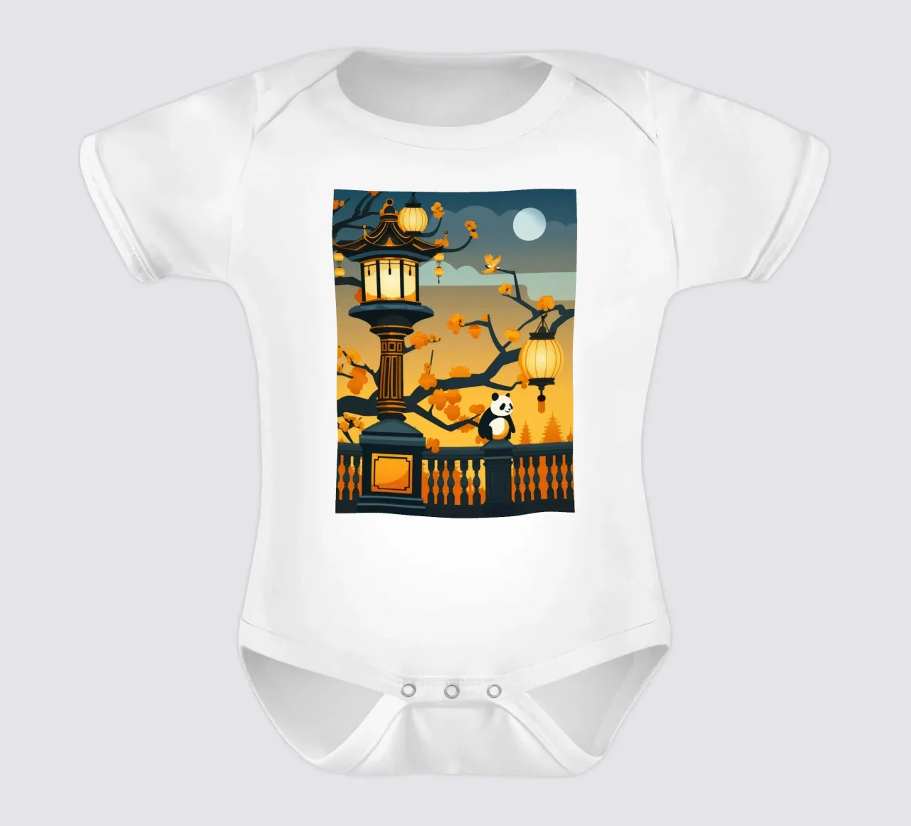 Panda resting beneath lanterns in a tranquil autumn landscap short-sleeve baby romper by DesignDoodle