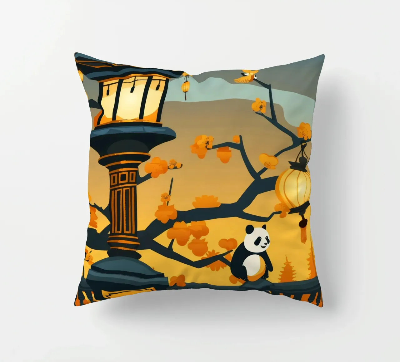 Panda resting beneath lanterns in a tranquil autumn landscap decorative cushion by DesignDoodle