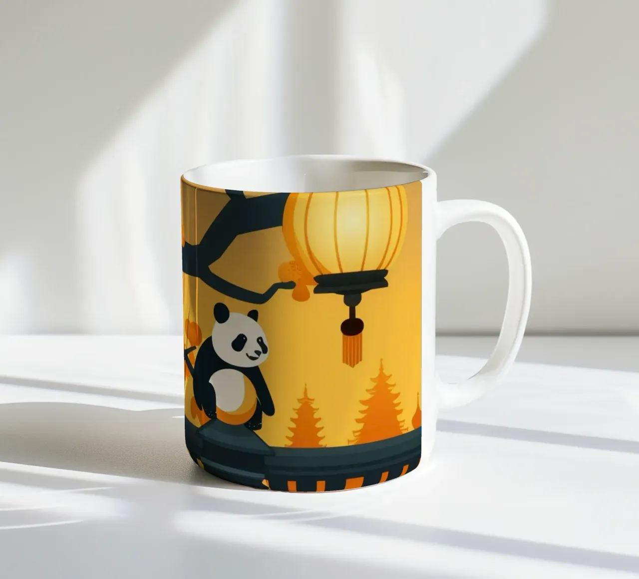 Panda rustend onder lantaarns in een rustig herfstlandschap keramische mok van DesignDoodle
