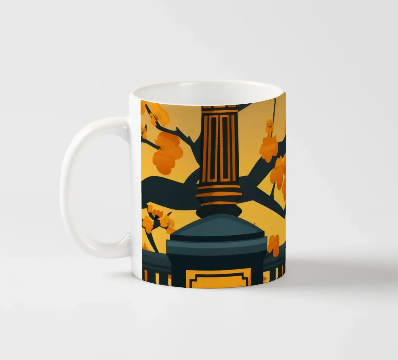 Panda rustend onder lantaarns in een rustig herfstlandschap keramische mok van DesignDoodle