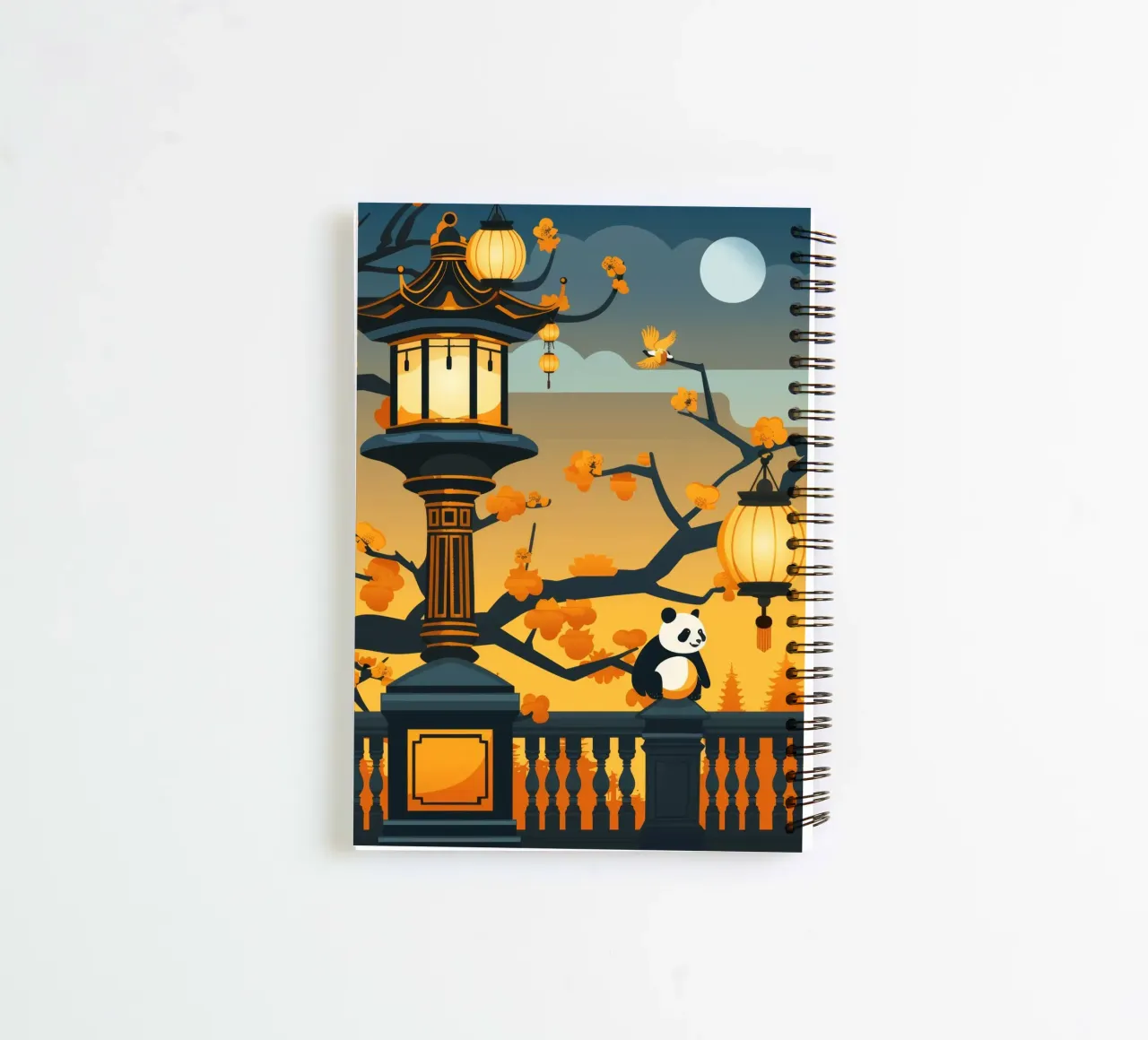Panda resting beneath lanterns in a tranquil autumn landscap spiral notebook by DesignDoodle