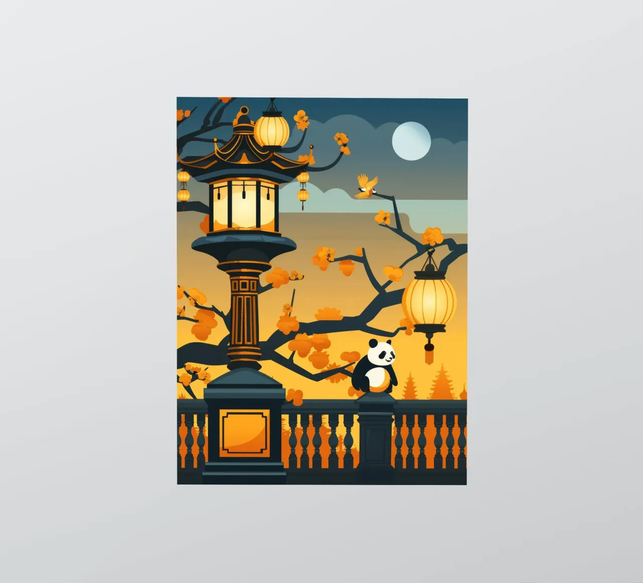 Panda resting beneath lanterns in a tranquil autumn landscap sticker by DesignDoodle
