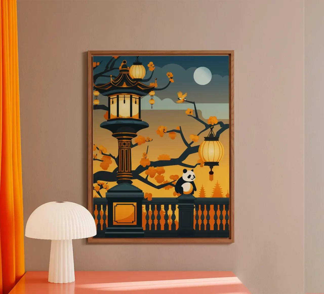 Panda resting beneath lanterns in a tranquil autumn landscap forex plate by DesignDoodle