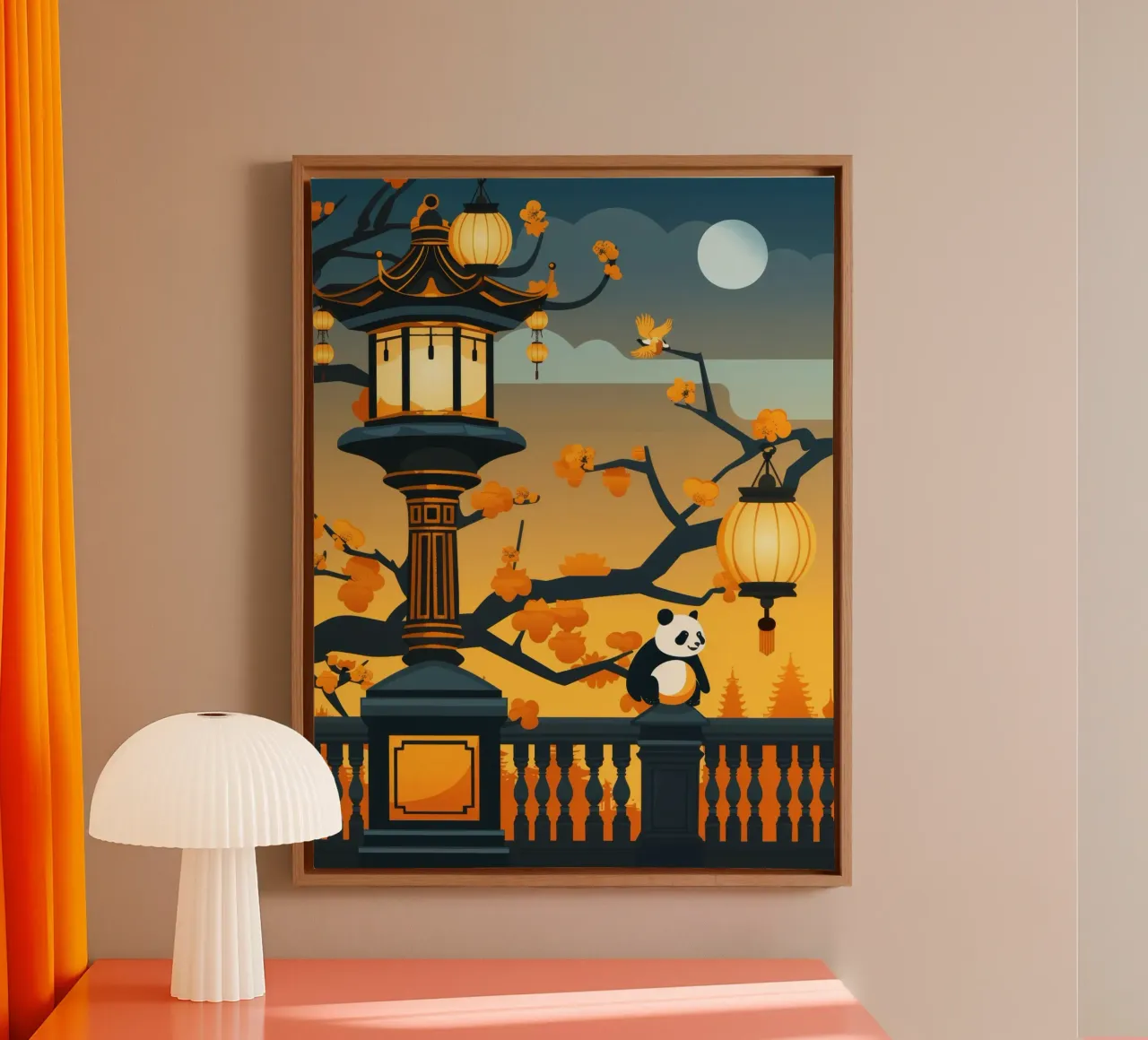 Panda rustend onder lantaarns in een rustig herfstlandschap canvas van DesignDoodle