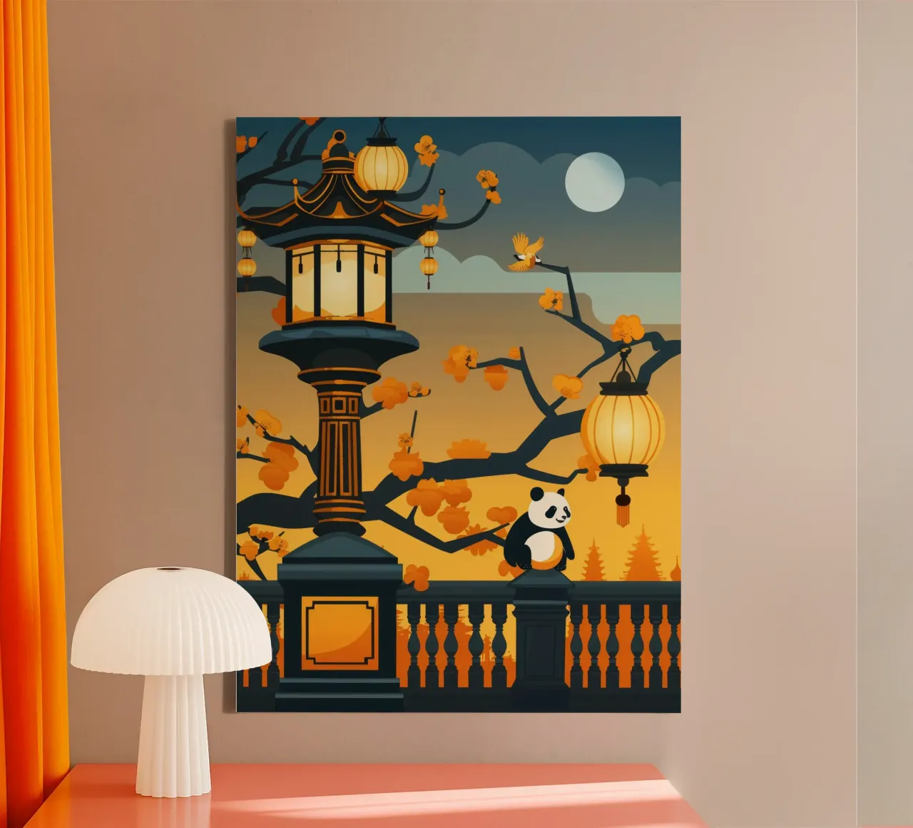 Panda rustend onder lantaarns in een rustig herfstlandschap canvas van DesignDoodle