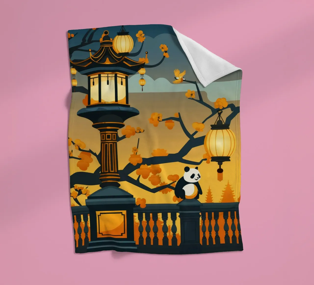 Panda resting beneath lanterns in a tranquil autumn landscap fleece blanket by DesignDoodle