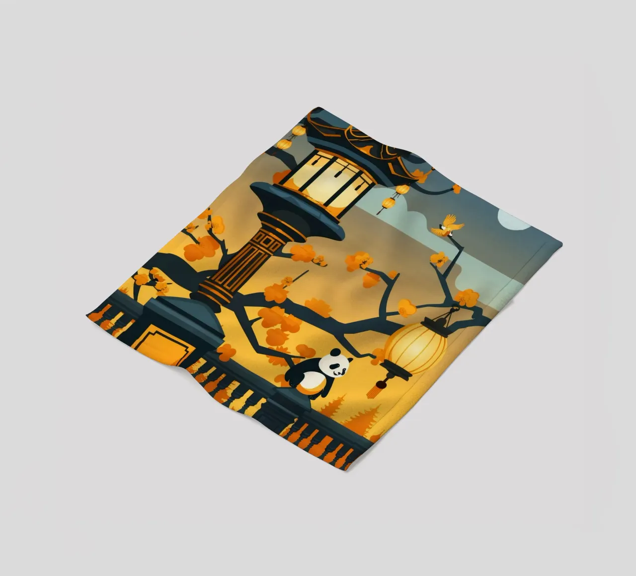 Panda resting beneath lanterns in a tranquil autumn landscap fleece blanket by DesignDoodle