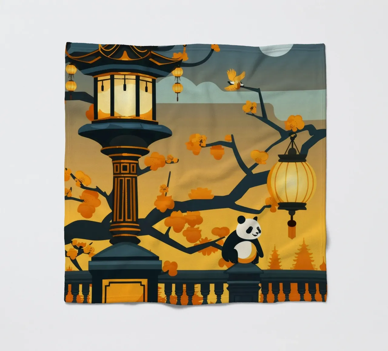 Panda resting beneath lanterns in a tranquil autumn landscap fleece blanket by DesignDoodle