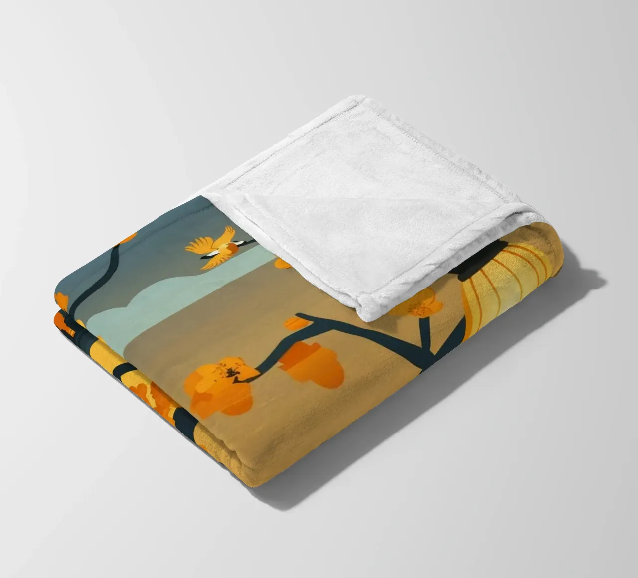 Panda resting beneath lanterns in a tranquil autumn landscap fleece blanket by DesignDoodle