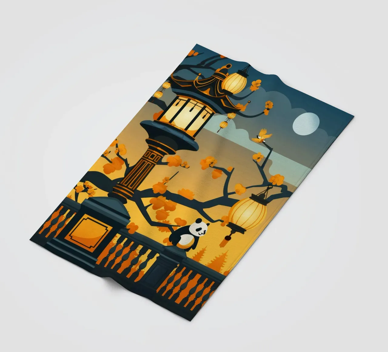 Panda resting beneath lanterns in a tranquil autumn landscap fleece blanket by DesignDoodle