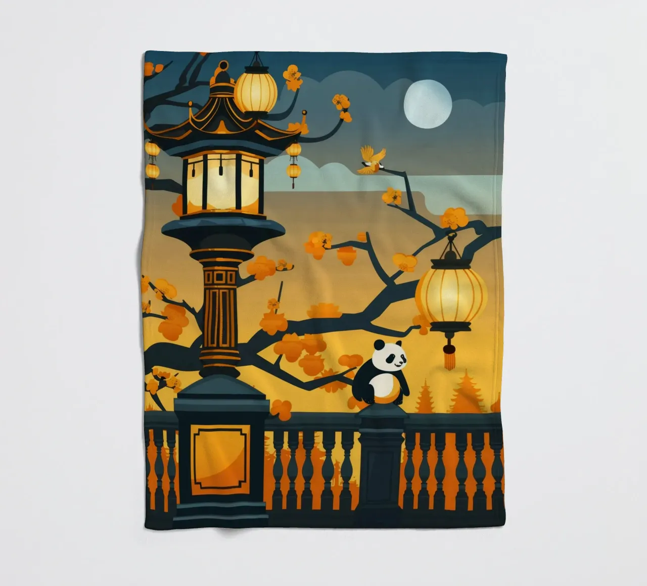 Panda resting beneath lanterns in a tranquil autumn landscap fleece blanket by DesignDoodle