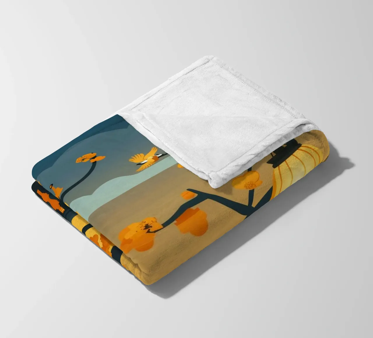 Panda resting beneath lanterns in a tranquil autumn landscap fleece blanket by DesignDoodle
