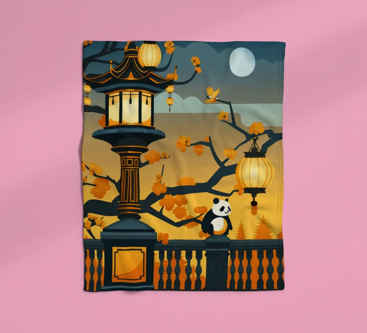 Panda resting beneath lanterns in a tranquil autumn landscap fleece blanket by DesignDoodle