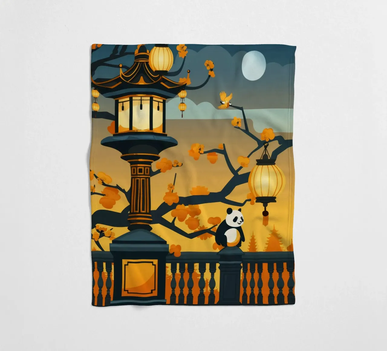 Panda resting beneath lanterns in a tranquil autumn landscap fleece blanket by DesignDoodle
