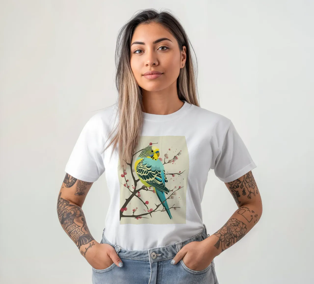 Il pappagallino appollaiato su un ramo in mezzo ai fiori t-shirt da DesignDoodle
