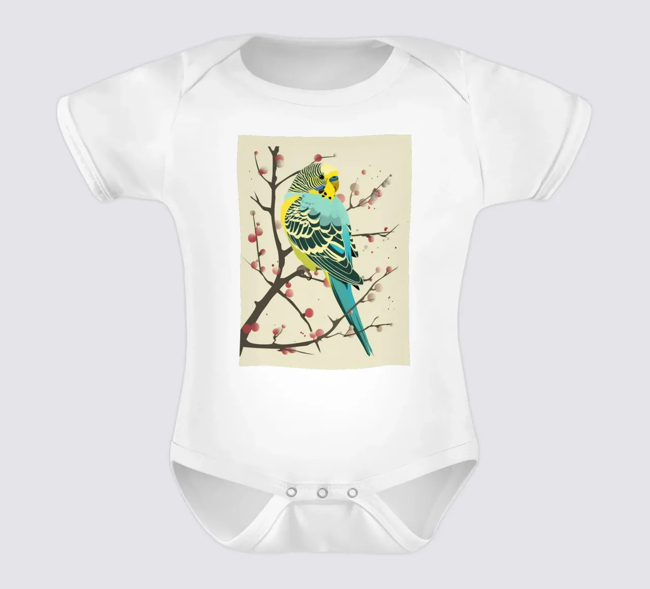 Il pappagallino appollaiato su un ramo in mezzo ai fiori body neonato maniche corte da DesignDoodle