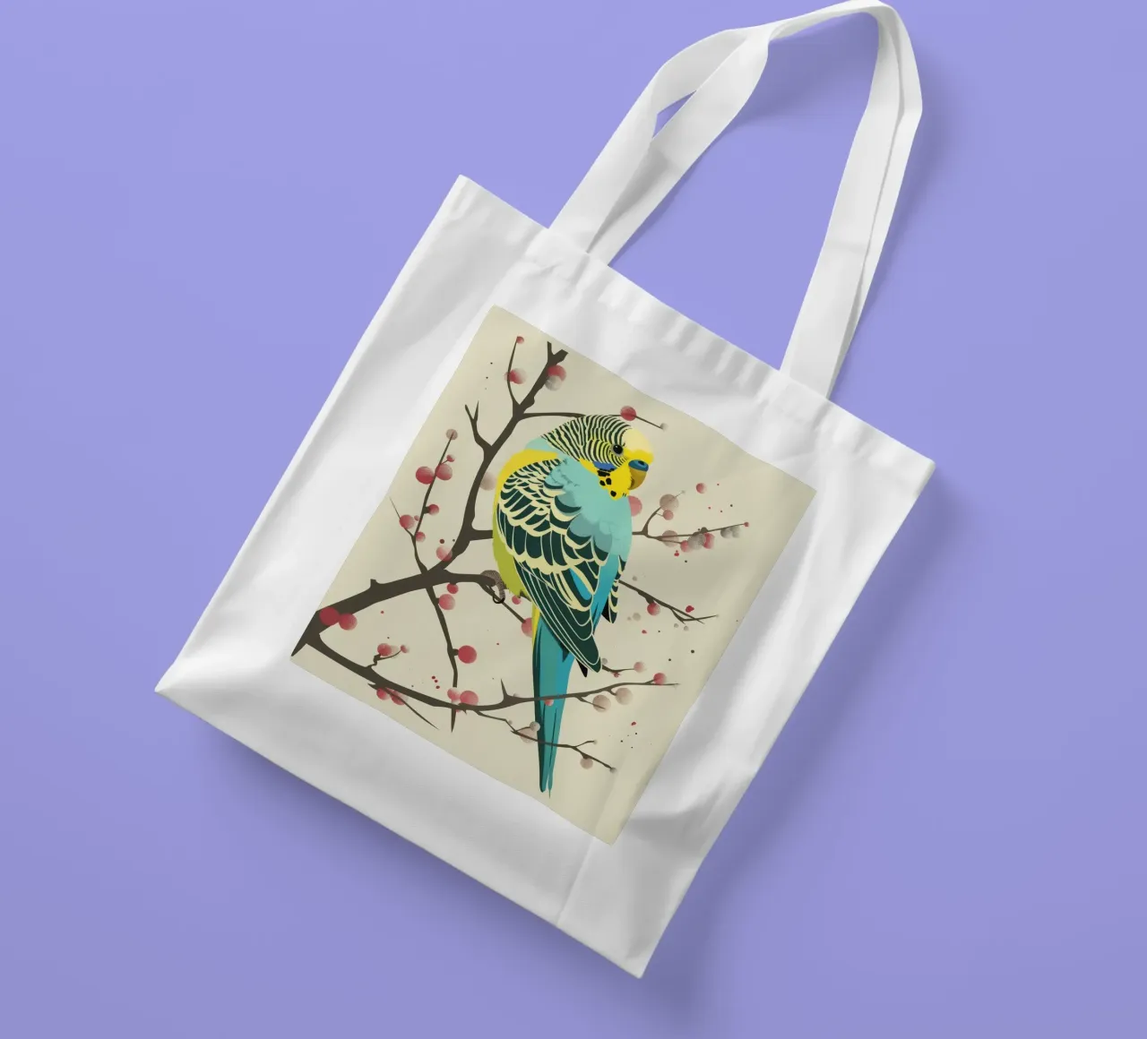 Budgerigar perched on a branch among blossoms tote bag by DesignDoodle