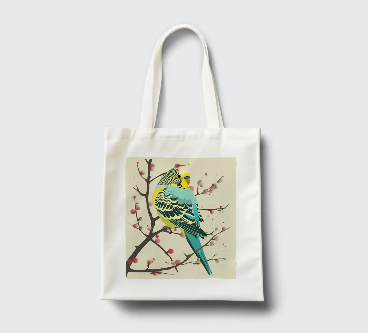 Budgerigar perched on a branch among blossoms tote bag by DesignDoodle