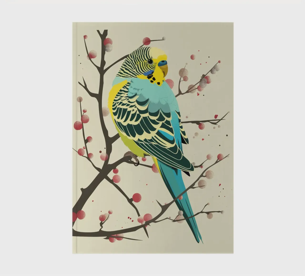 Budgerigar perched on a branch among blossoms notebook by DesignDoodle