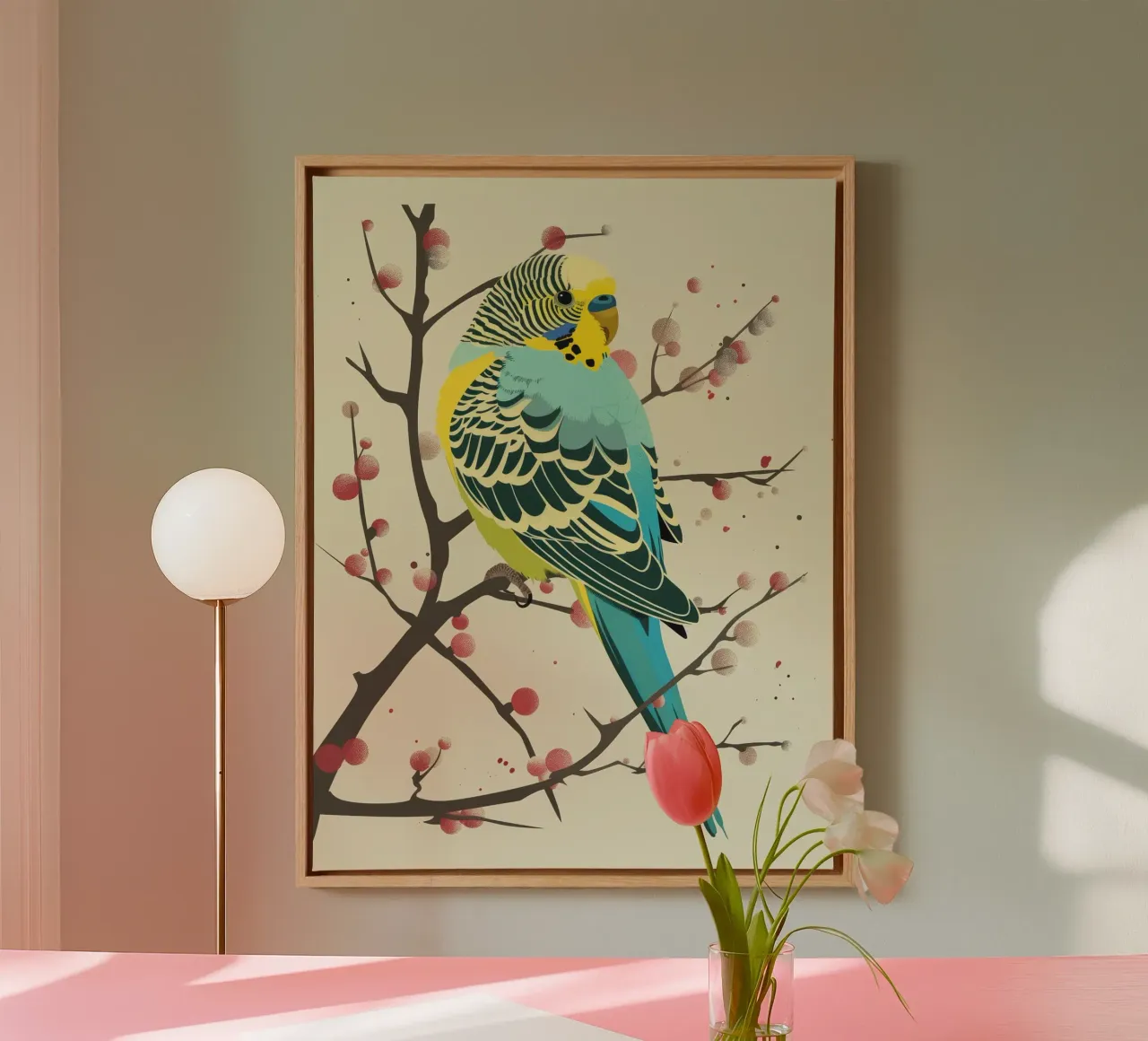 Il pappagallino appollaiato su un ramo in mezzo ai fiori tela con Cornice a cassetta da DesignDoodle