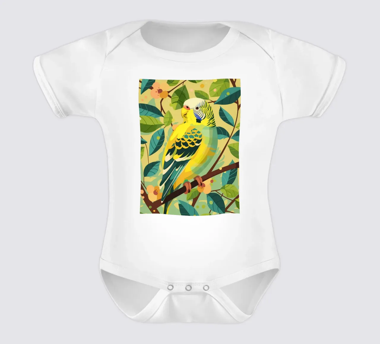 Budgerigar perched on a branch surrounded by leaves and flow short-sleeve baby romper by DesignDoodle