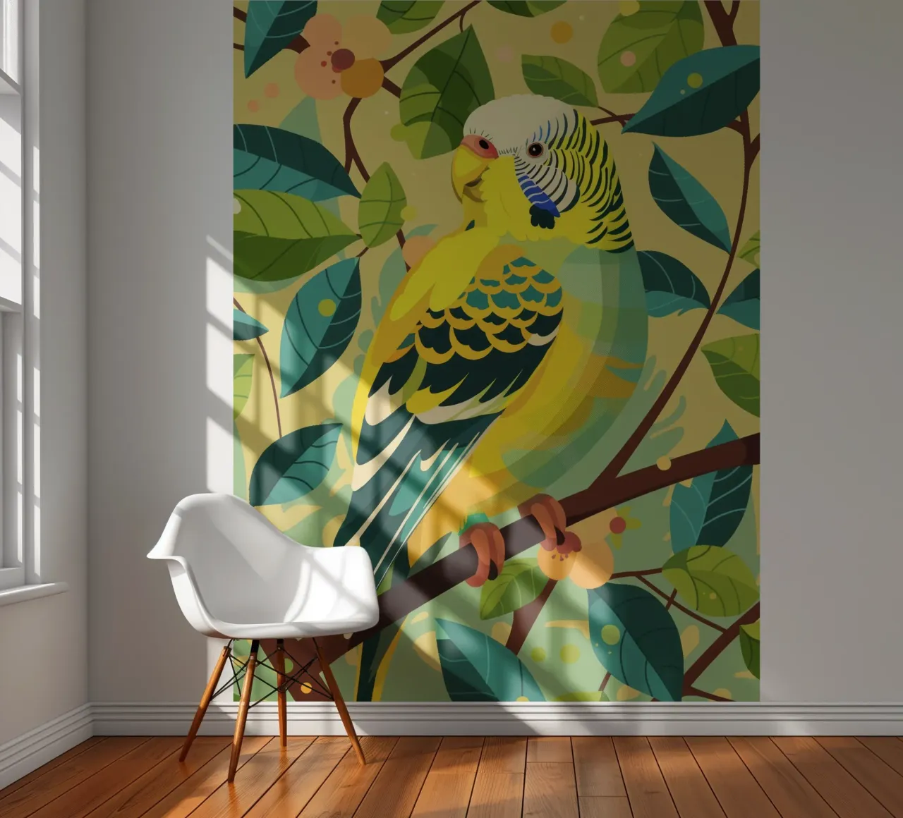 Budgerigar perched on a branch surrounded by leaves and flow photo wallpaper by DesignDoodle