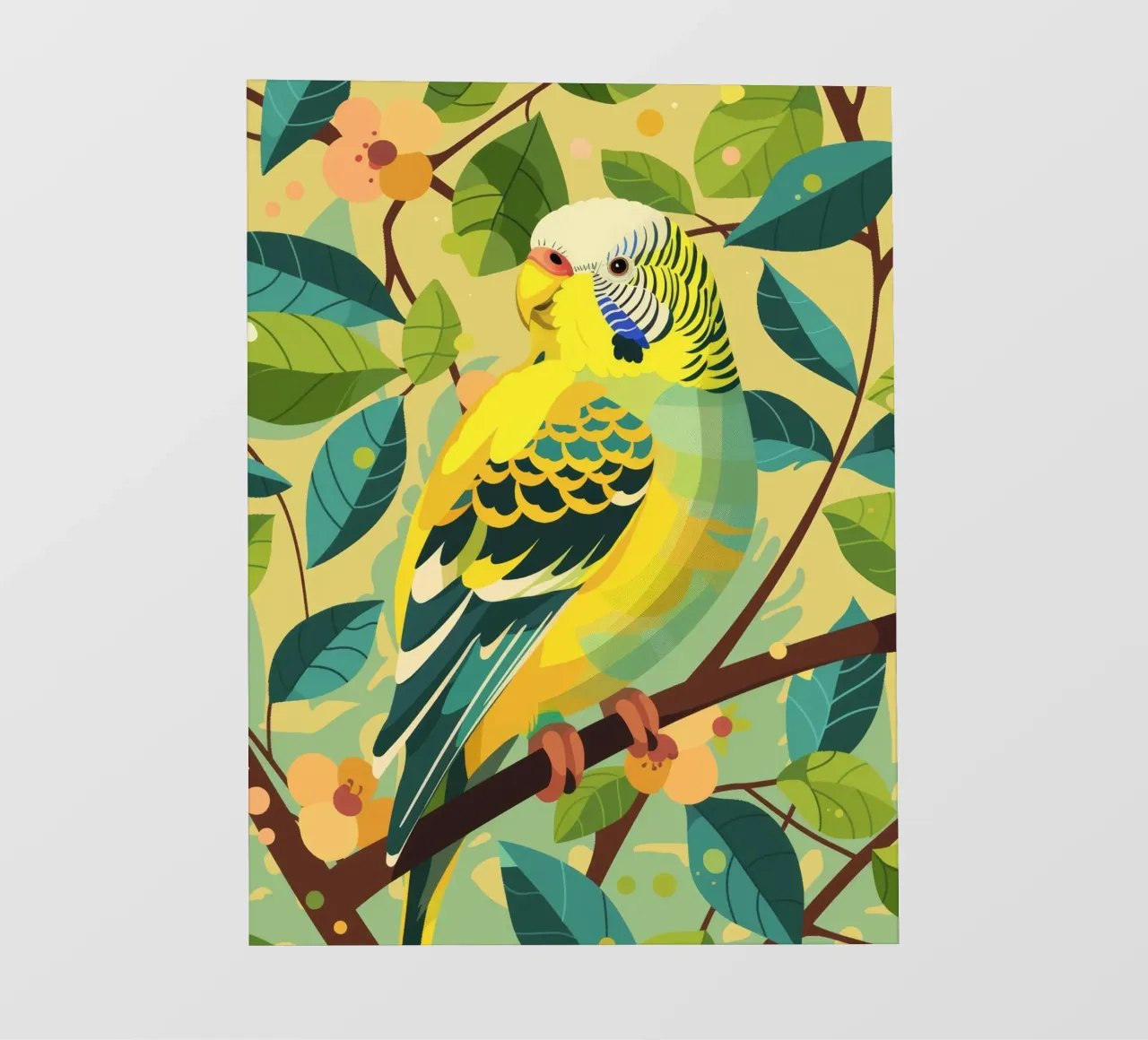 Budgerigar perched on a branch surrounded by leaves and flow photo wallpaper by DesignDoodle