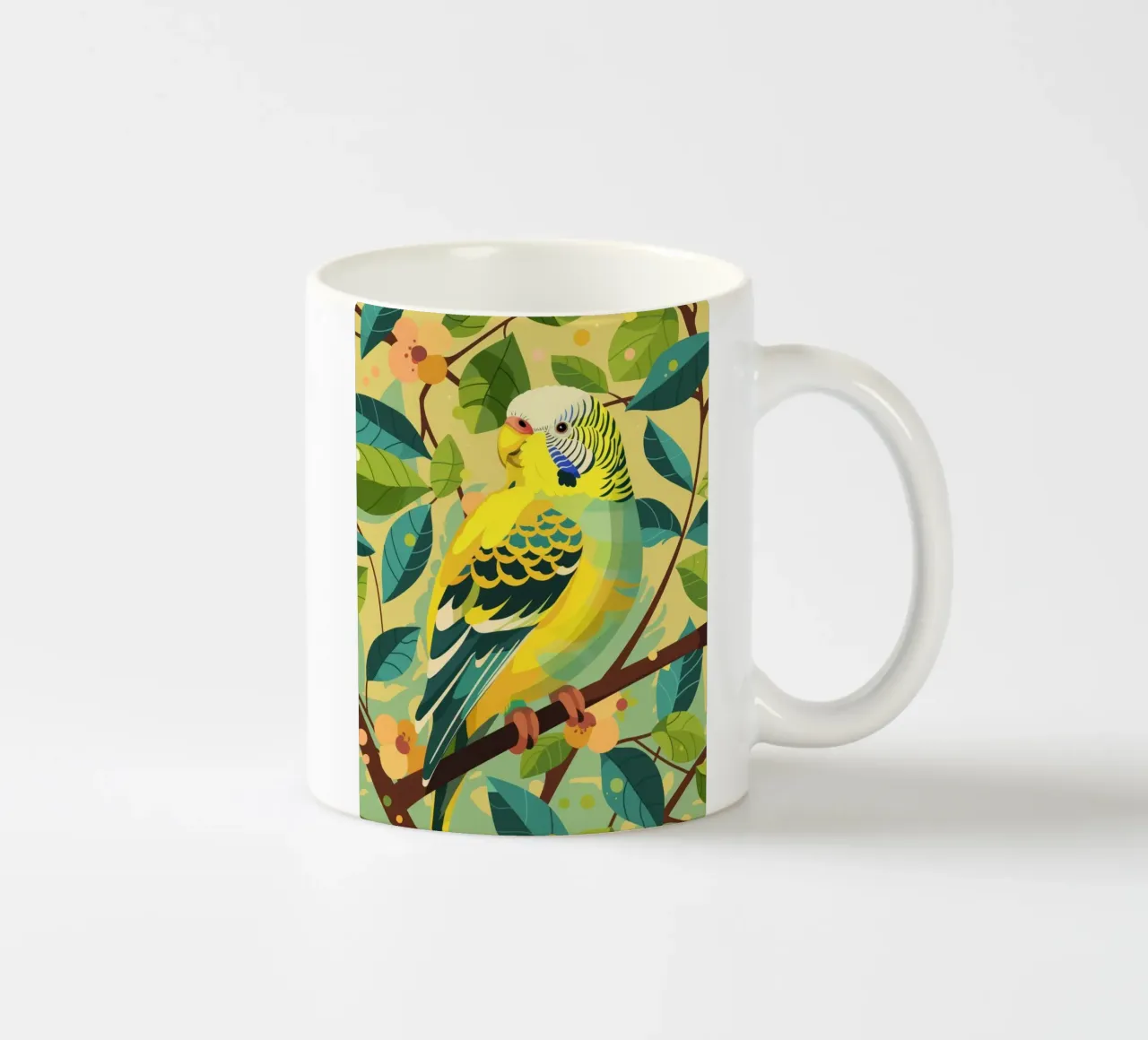 Pappagallino appollaiato su un ramo circondato da foglie e fiori tazza in ceramica da DesignDoodle