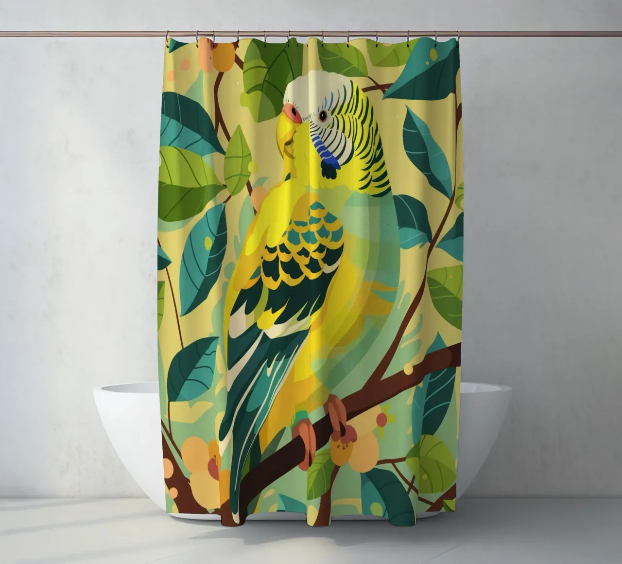 Budgerigar perched on a branch surrounded by leaves and flow shower curtain by DesignDoodle