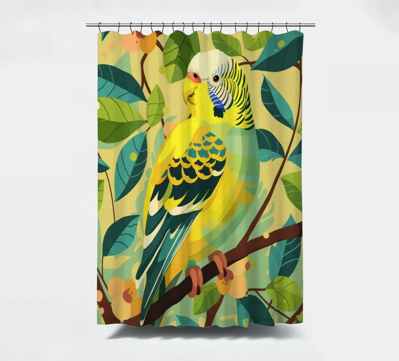 Budgerigar perched on a branch surrounded by leaves and flow shower curtain by DesignDoodle