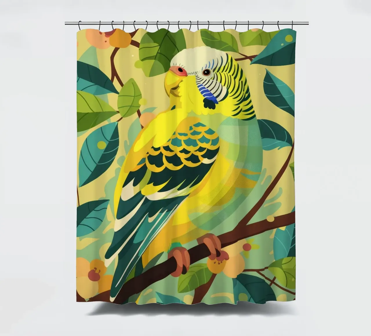 Budgerigar perched on a branch surrounded by leaves and flow shower curtain by DesignDoodle