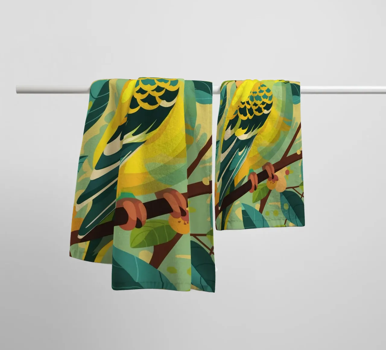 Budgerigar perched on a branch surrounded by leaves and flow towel by DesignDoodle