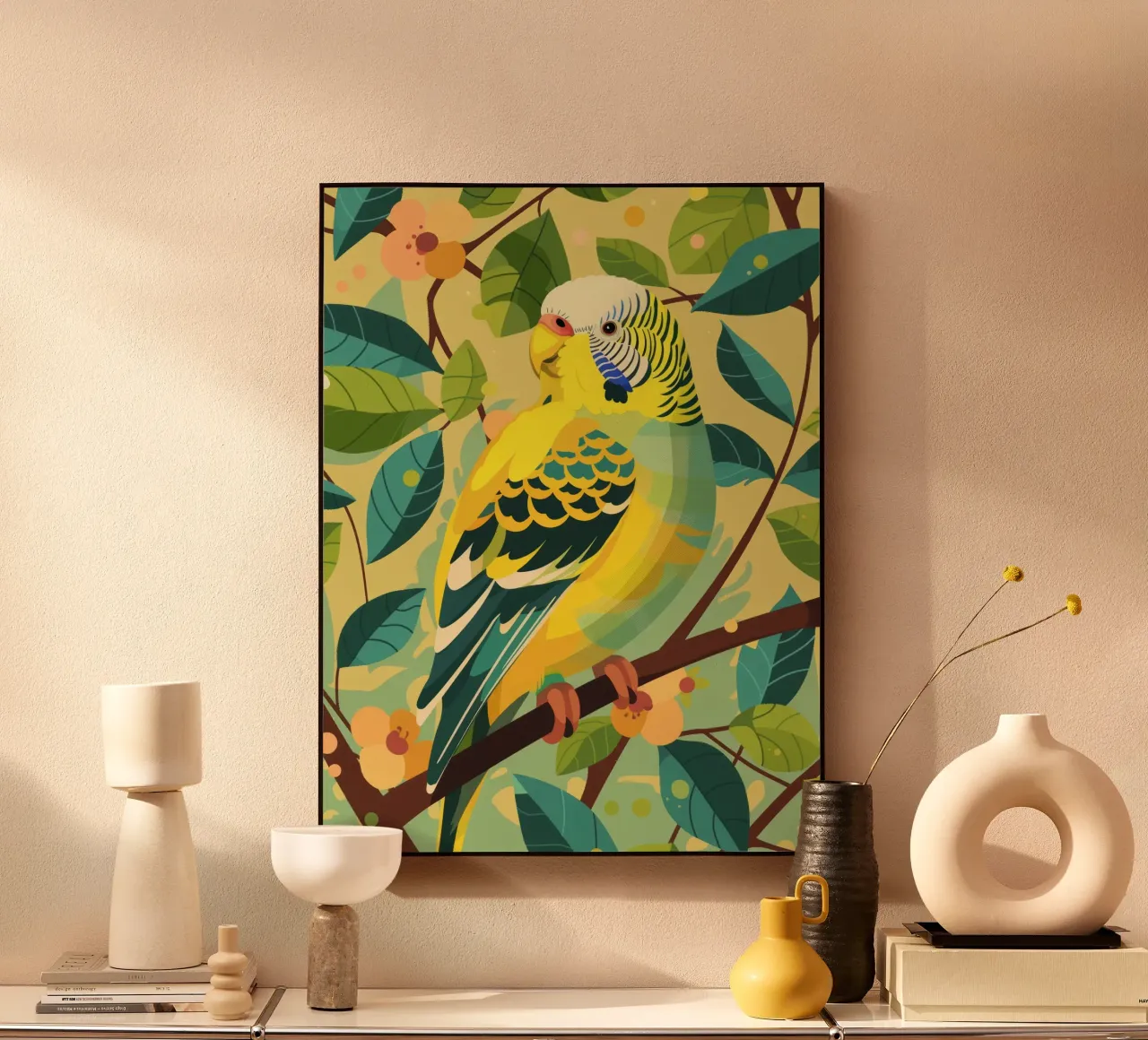 Budgerigar perched on a branch surrounded by leaves and flow acrylic glass by DesignDoodle