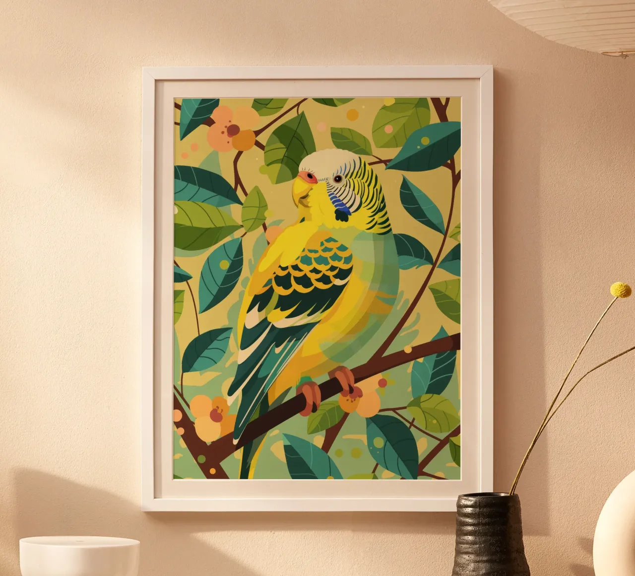 Budgerigar perched on a branch surrounded by leaves and flow hahnemühle by DesignDoodle