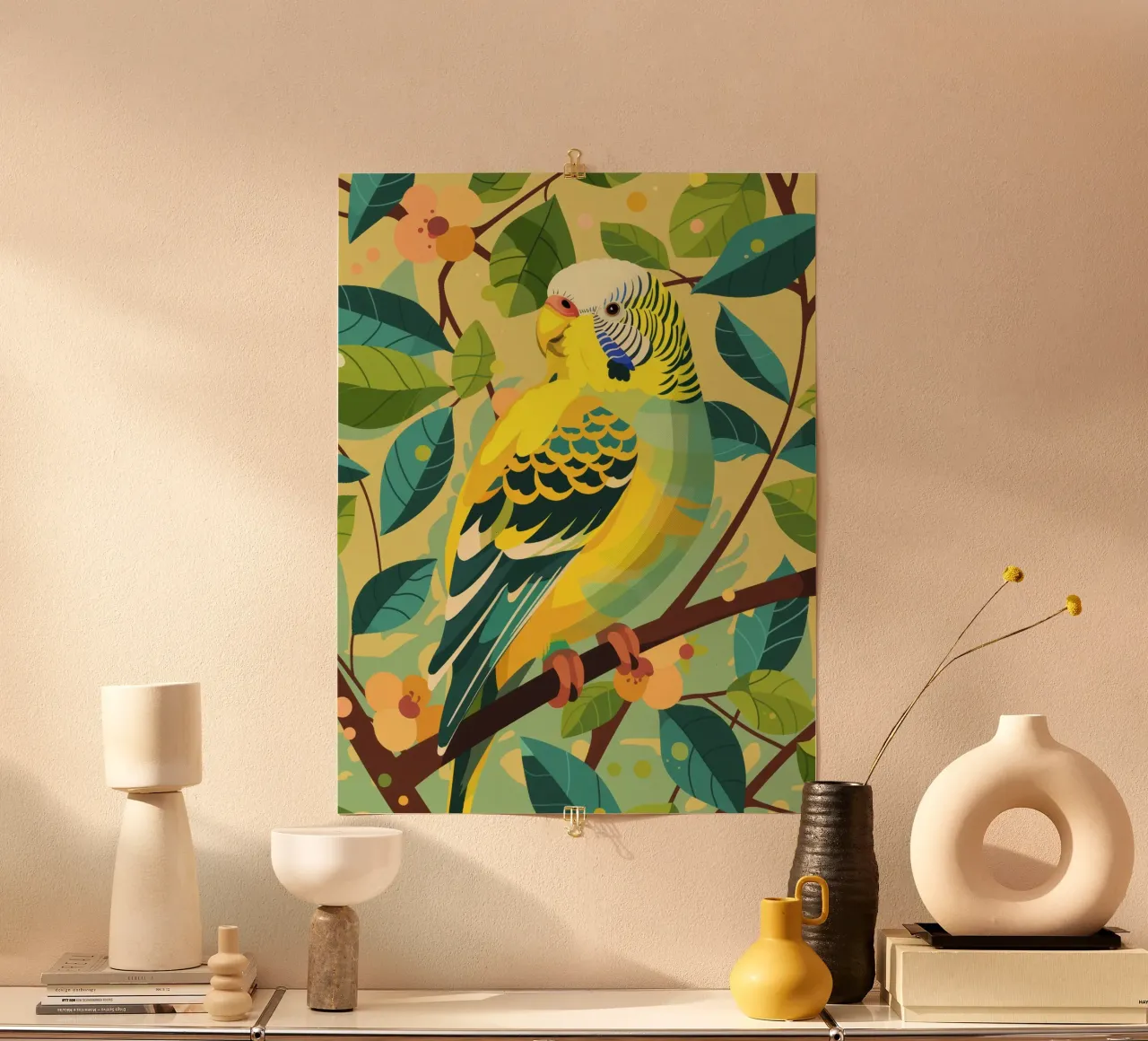Budgerigar perched on a branch surrounded by leaves and flow hahnemühle by DesignDoodle