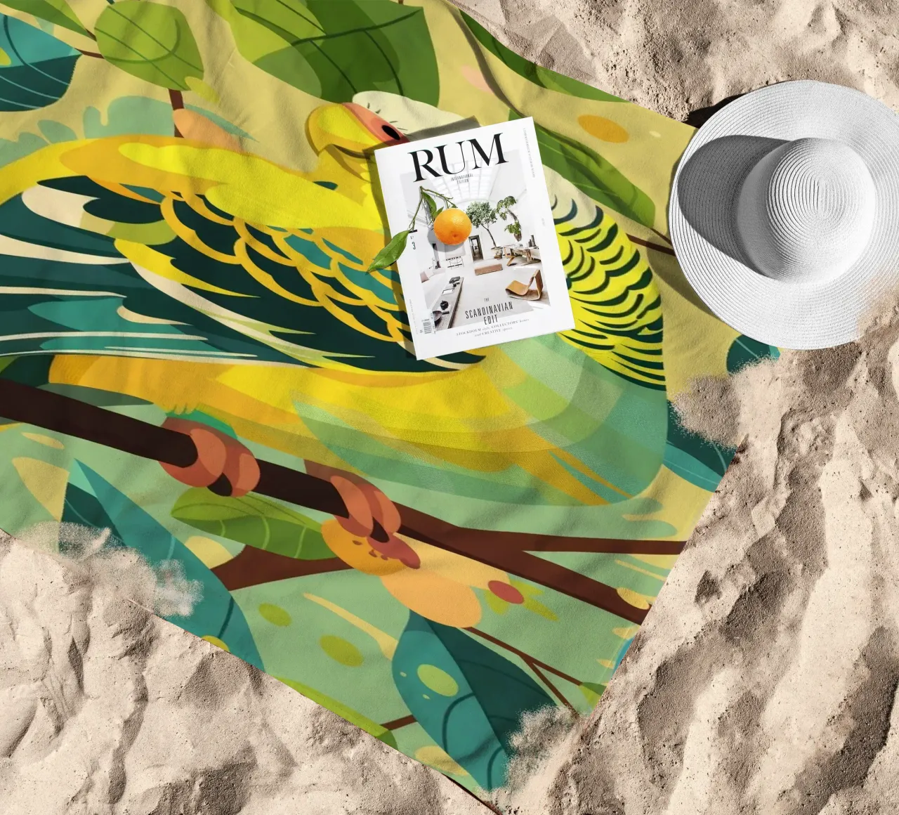 Budgerigar perched on a branch surrounded by leaves and flow beach towel by DesignDoodle