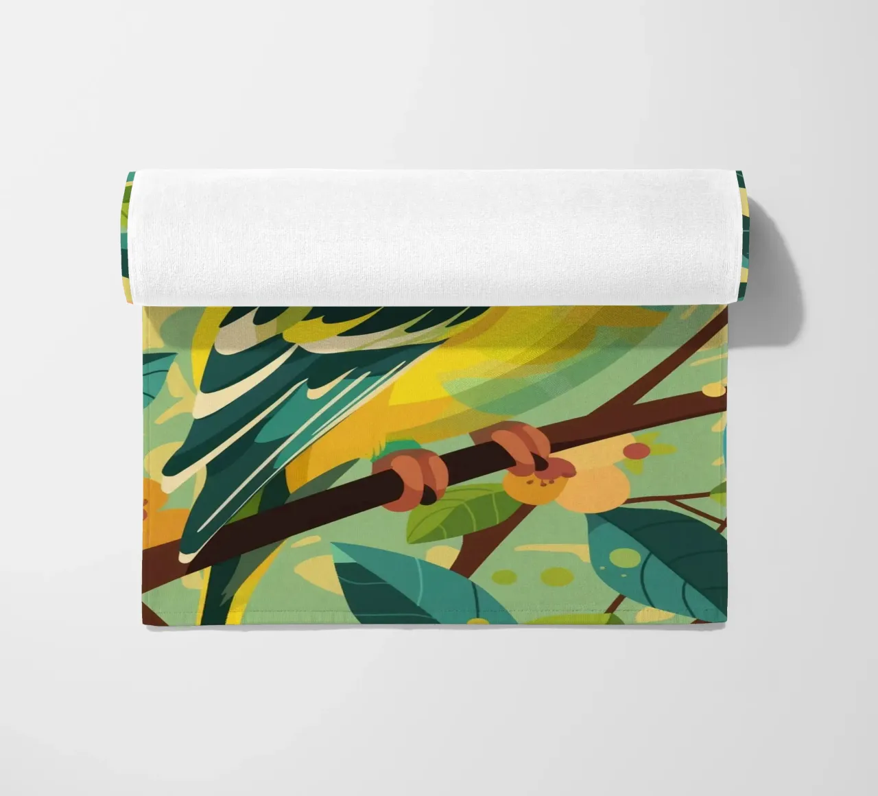 Budgerigar perched on a branch surrounded by leaves and flow beach towel by DesignDoodle