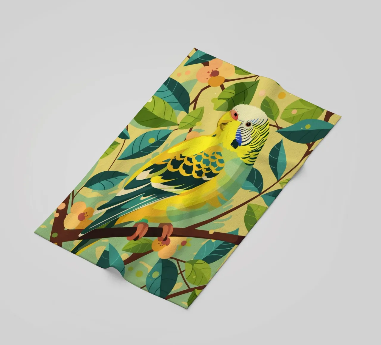 Budgerigar perched on a branch surrounded by leaves and flow beach towel by DesignDoodle