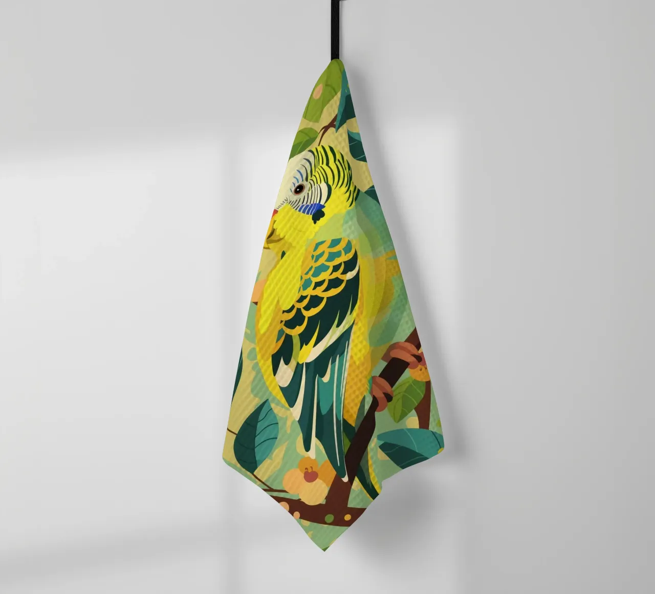 Budgerigar perched on a branch surrounded by leaves and flow tea towel by DesignDoodle