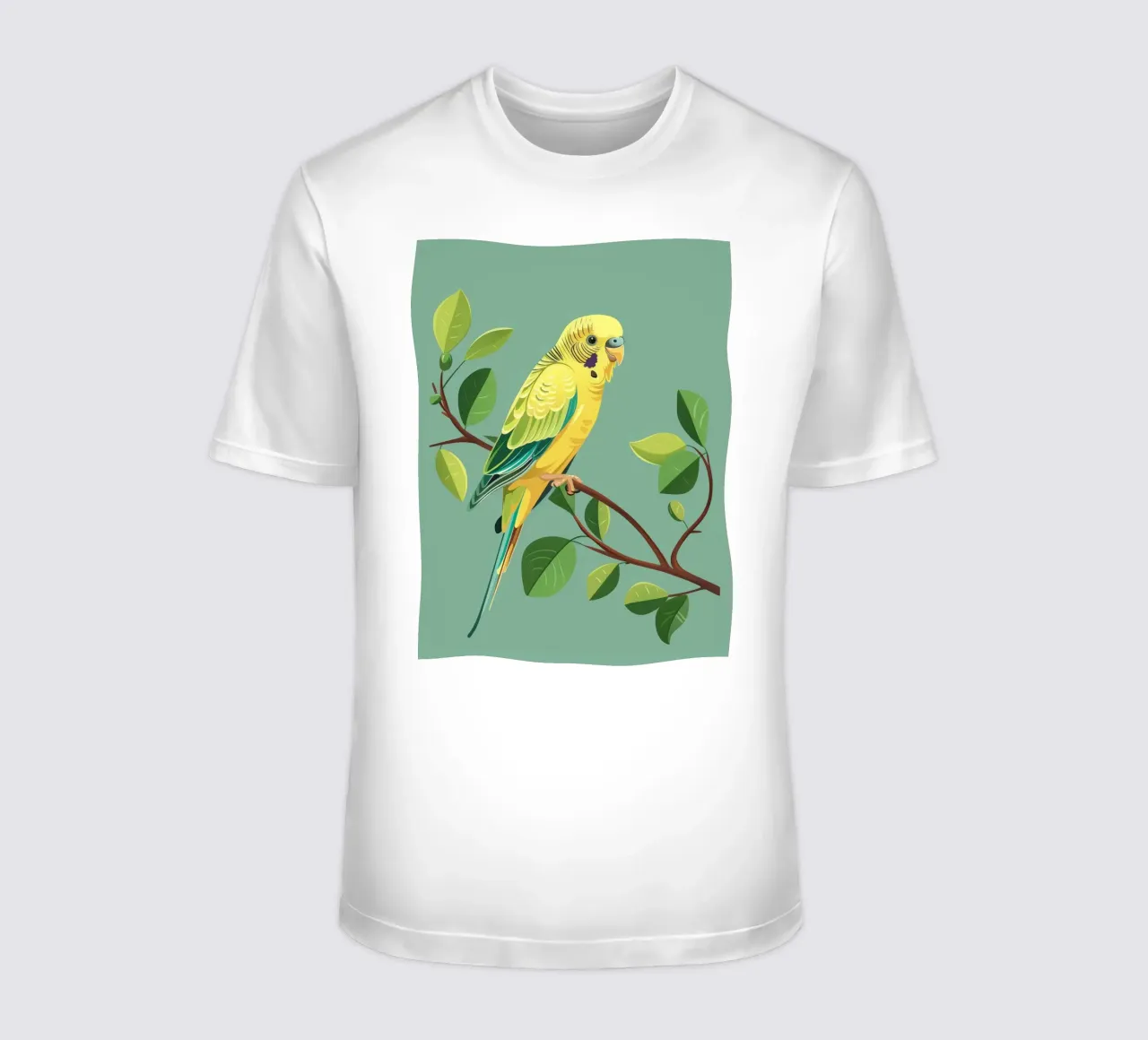 Budgerigar perched on a branch surrounded by green leaves t-shirt by DesignDoodle