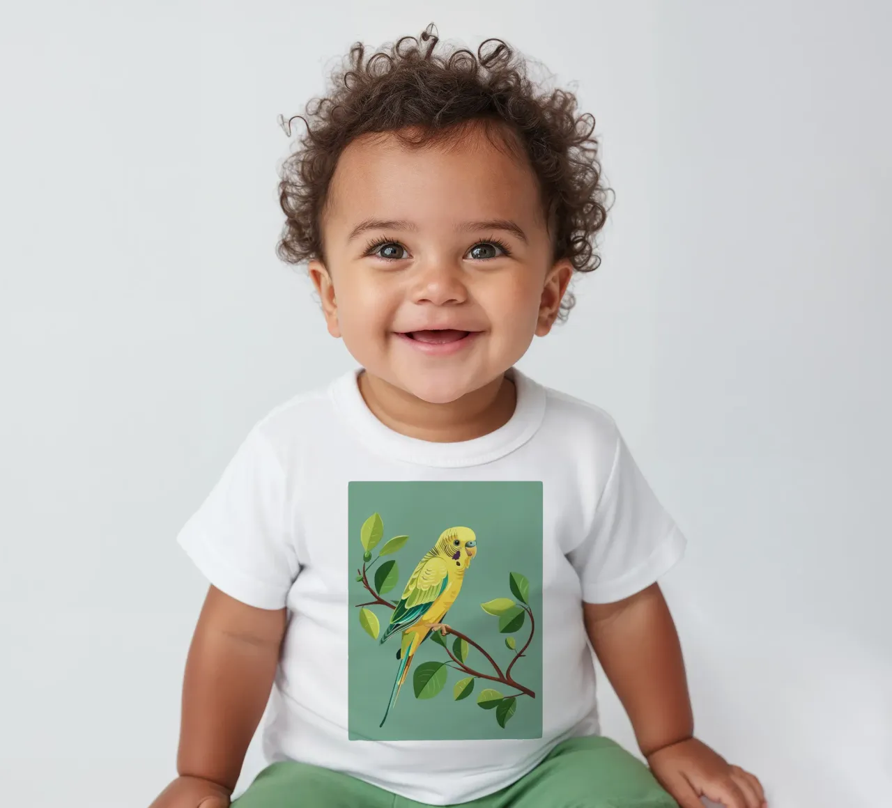 Budgerigar perched on a branch surrounded by green leaves baby t-shirt by DesignDoodle