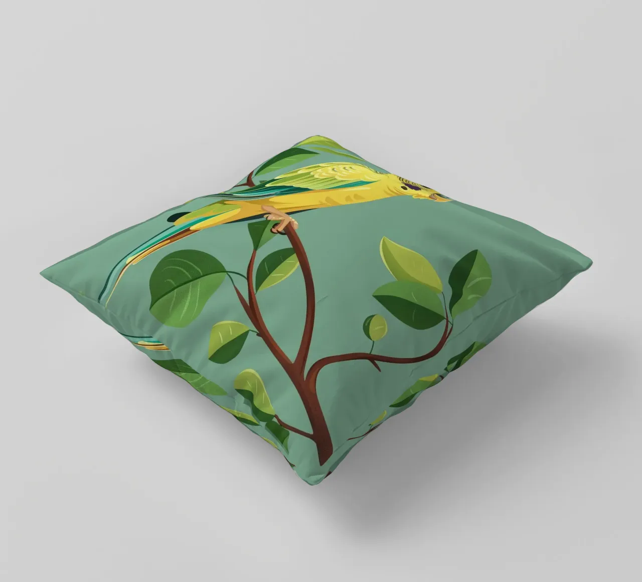 Un pappagallino appollaiato su un ramo circondato da foglie verdi cuscino da DesignDoodle