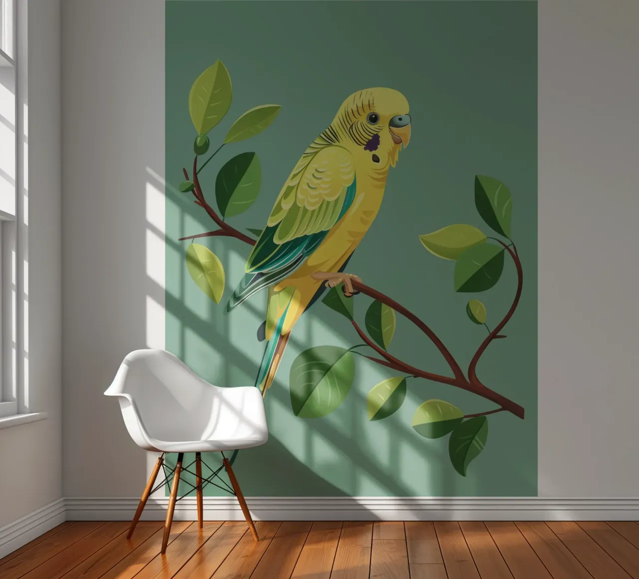 Budgerigar perched on a branch surrounded by green leaves photo wallpaper by DesignDoodle