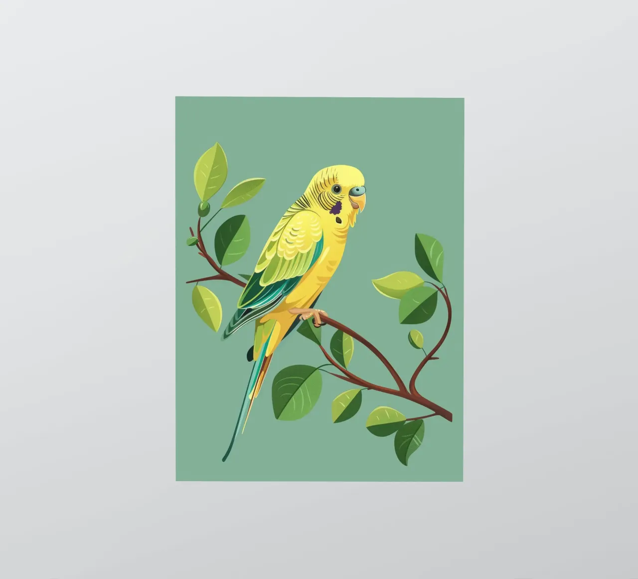 Budgerigar perched on a branch surrounded by green leaves sticker by DesignDoodle