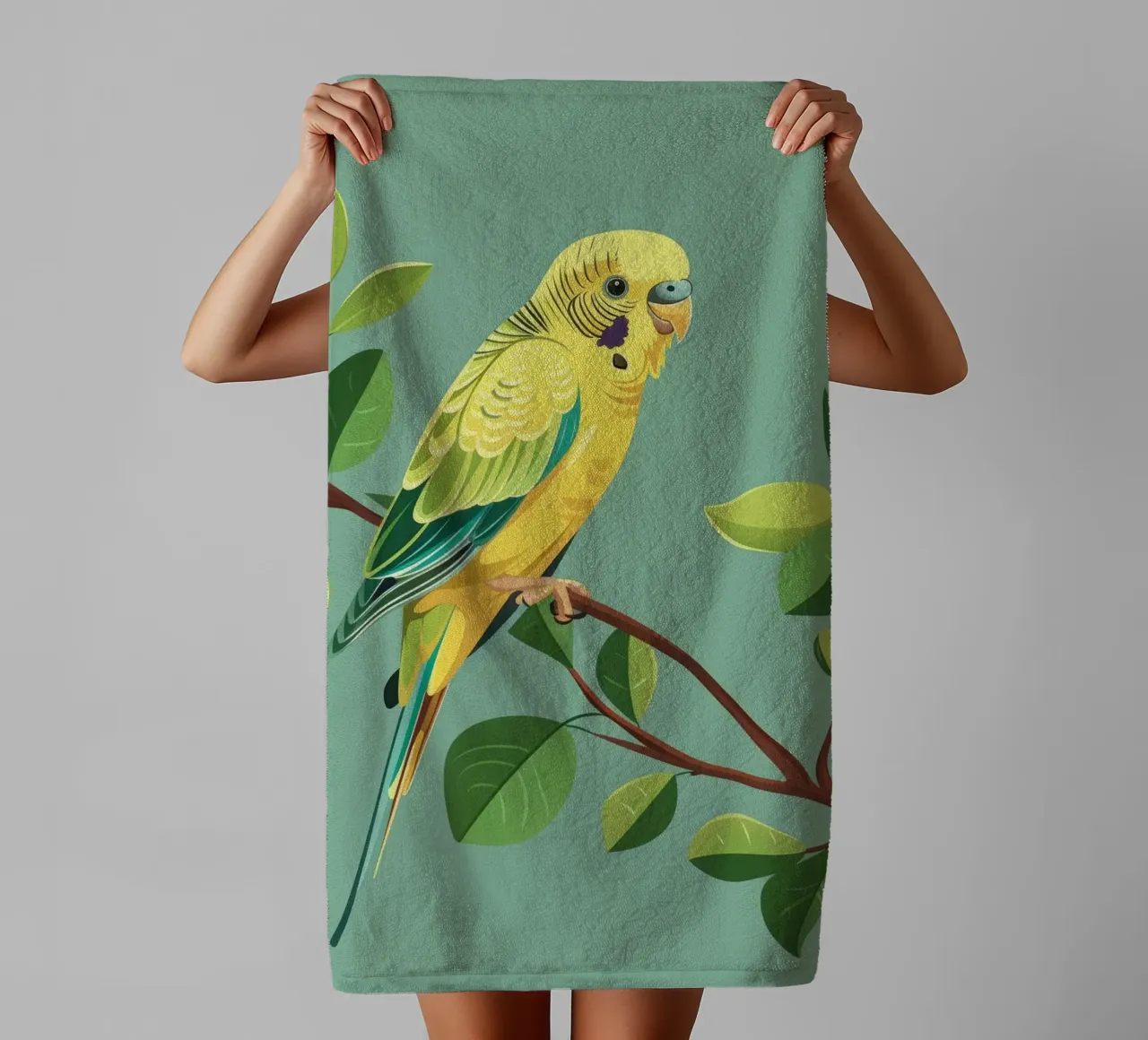 Budgerigar perched on a branch surrounded by green leaves towel by DesignDoodle
