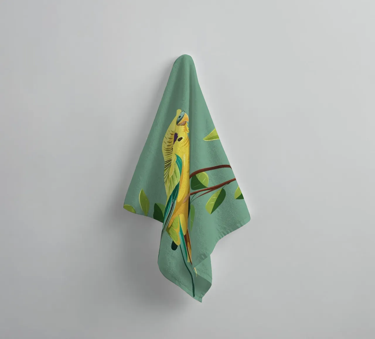Budgerigar perched on a branch surrounded by green leaves towel by DesignDoodle